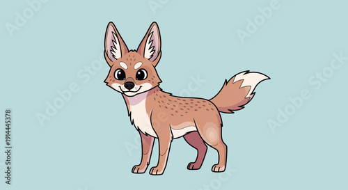 Cute cartoon fox character with big eyes and bushy tail on blue background.