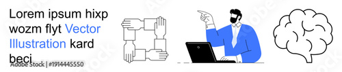 Teamwork, education, remote work, brainstorming, consulting, cooperation concepts. Connected hands forming a square, a professional points at something and a brain icon s ideas. Teamwork