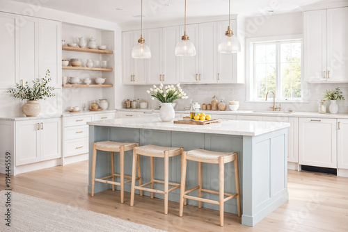 Wallpaper Mural Elegant sage green kitchen island with woven bar stools showcasing color trends in bright modern home interior Torontodigital.ca