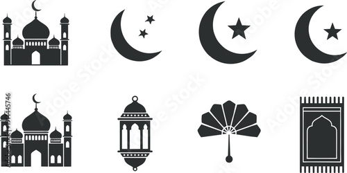 Ramadan mosque crescent moon star lantern prayer rug icons, Islamic holy month fasting prayer celebration, religion culture spirituality tradition design