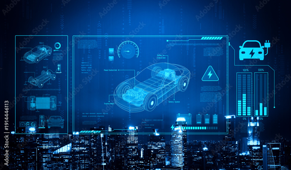 Obraz premium Technical layout of electric vehicle showing battery system, power control, traction motor, charging interface, and integration with renewable and smart energy sources Vouch