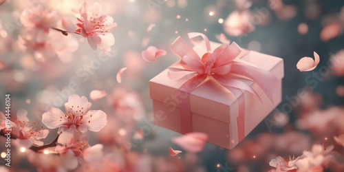 Elegant pink gift box with golden ribbon surrounded by flying sakura petals, perfect romantic present for Women's Day or Valentine's celebration