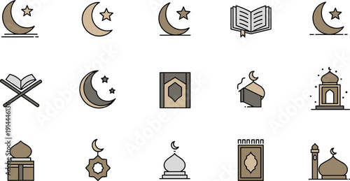 Ramadan mosque crescent moon star Quran icons, Islamic holy month fasting prayer celebration, religion culture spirituality tradition beige illustration design