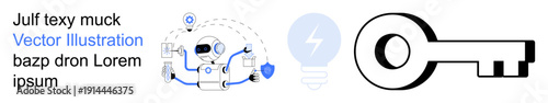 Artificial intelligence, security solutions, innovative technology, automation, digital innovation, key access. Robot with icons connected and a key outline. Security and AI innovation concept