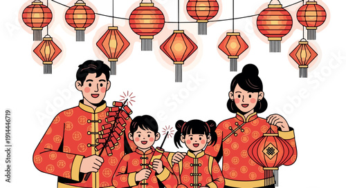 Illustration of a Chinese family in traditional red clothing with red lanterns and firecrackers on a white background.