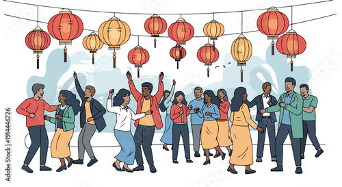 Diverse group of people dancing under colorful Chinese lanterns with a festive and joyful mood in a lively celebration scene.