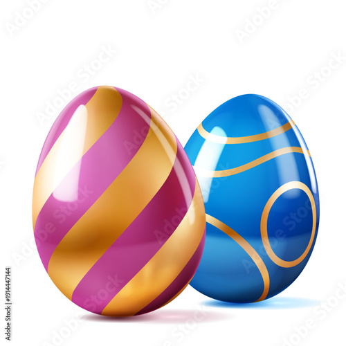 Easter illustration with pink, blue and gold eggs on white background with soft shadows.