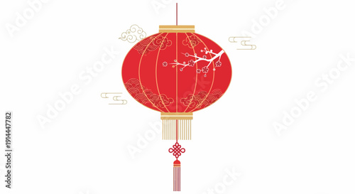 A vibrant red Chinese lantern with golden accents and a tassel hanging against a clean white background with subtle shadow effects.