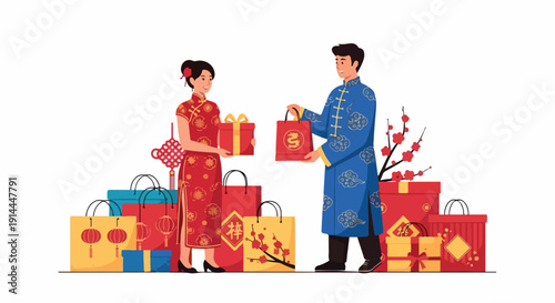 Illustration of a man and woman in traditional Asian clothing exchanging gifts with colorful presents