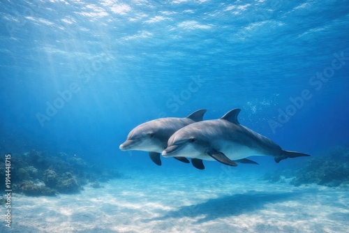 Dolphins Swim Together in Clear Blue Water Near Coral Reef During Sunlight in the Ocean