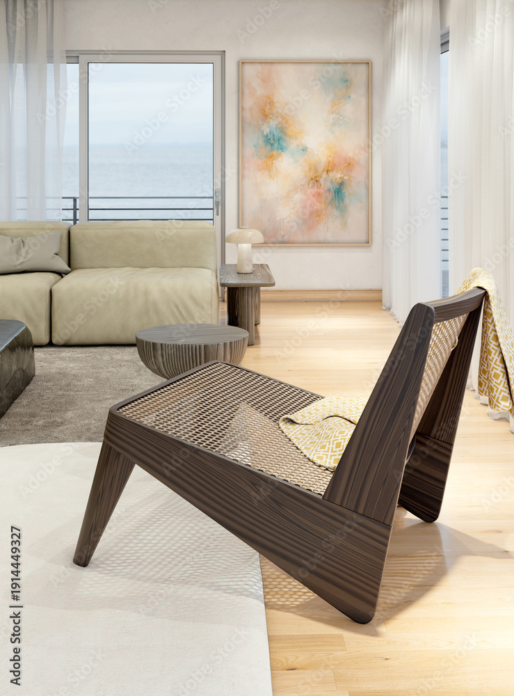 Obraz premium Large illustration 3D rendering luxury modern bright interiors Living room mockup with Couch and Ceiling Fan Ventilation