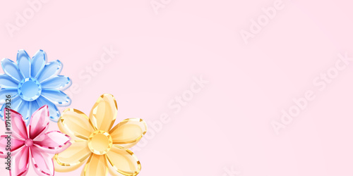 Colorful crystal flowers on a soft pink background with empty space.