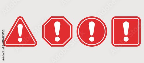 Warning danger icon, caution, alarm, and alert set featuring red vector symbols, attention and warn signs, flat design ideal for safety, hazard, traffic, and alert graphic