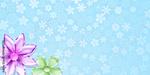 Illustration of pink and green crystal flowers on a light blue background with a subtle floral pattern.