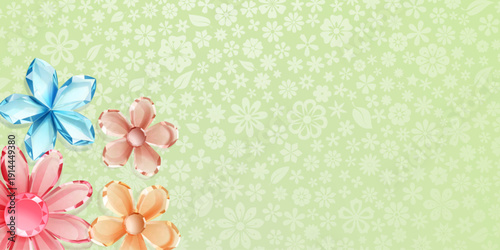 Colorful crystal flowers on pale green floral patterned background, adding elegance and beauty.