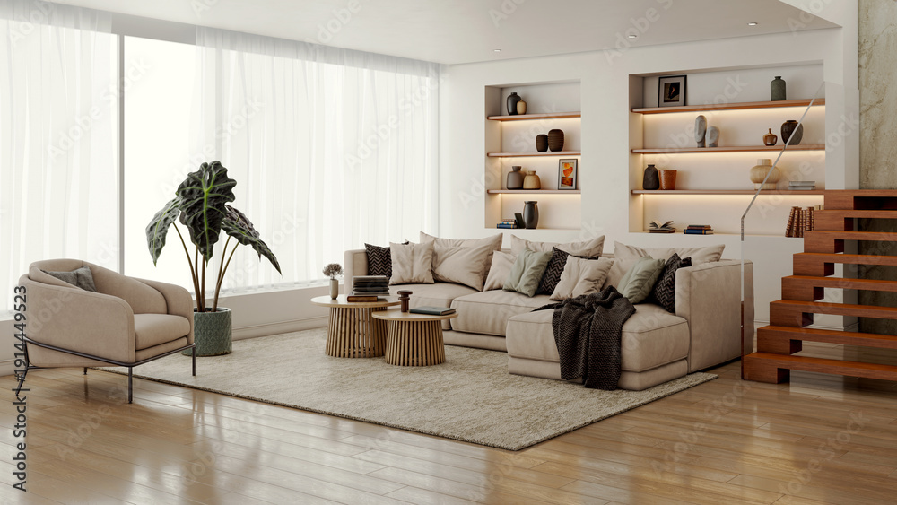 Naklejka premium Large illustration 3D rendering luxury modern bright interiors Living room mockup with Couch and Ceiling Fan Ventilation