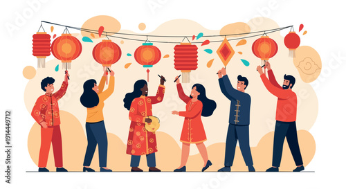 Illustration of a diverse group of people hanging colorful lanterns on a string with festive decorations in the background.