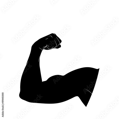 Muscular human arm flexing a strong bicep, symbolizing strength and fitness, isolated on a white background.