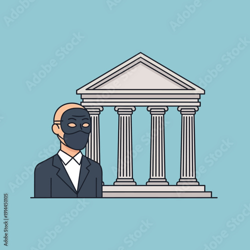 Cartoon illustration of a man in a business suit wearing a mysterious black mask standing in front of a classical building with columns, on a light blue background.
