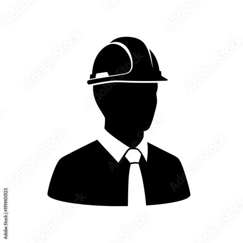 Silhouette of a professional man wearing a hard hat and tie, representing an engineer or construction worker, isolated on a white background.