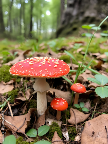 Red Russula Emetica Mushrooms (Sickener, Emetic Russula, or Vomiting Russula) growing in the forest