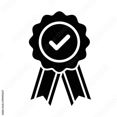 Award rosette ribbon with a checkmark symbol, signifying success and achievement, isolated on a white background, representing quality.