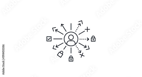 Person surrounded by security symbols.