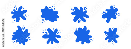 Doodle set of blue vector ink water splashes with oval drops. Isolated freehand liquid organic inky blots with spray spots for graphic design, social media stamps, shadows and templates