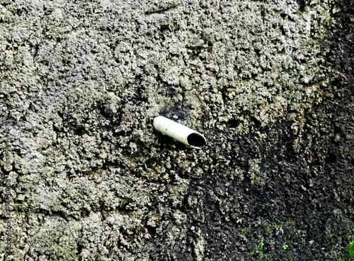 A textured wall with a water drain pipe in the middle.