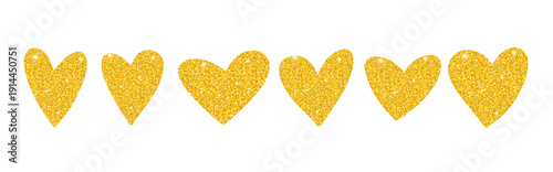 Bright vector shiny golden yellow glittering hearts set. Elegant bright love decorating gold symbols with glitter texture for Valentines day greeting cards, 14 February posters, wedding events design