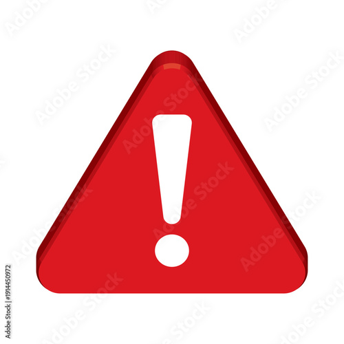 Red 3D triangle warning sign vector isolated on white background. Glossy exclamation mark symbol. Danger alert icon for road traffic safety, internet error message, emergency or caution concept.
