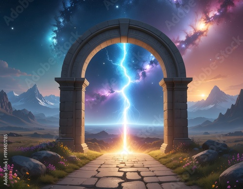 Ancient stone portal opens to cosmic gateway with glowing lightning bolt and nebula space sky at sunset over mountainous valley landscape representing spiritual path and ethereal fantasy entrance