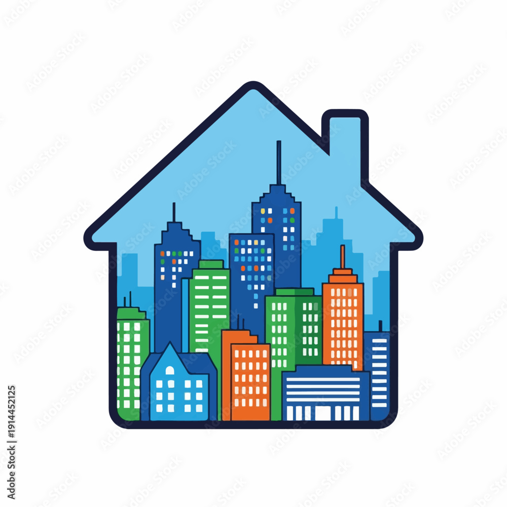 Naklejka premium City skyline silhouette is creatively framed within the outline of a simple house shape representing urban living or real estate.
