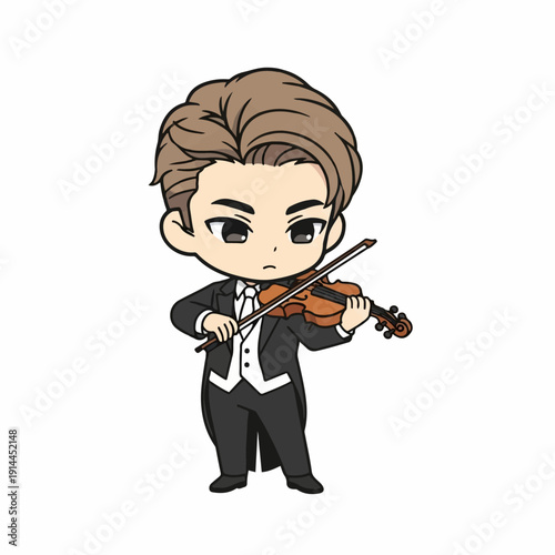 Chibi style male violinist in formal tailcoat performs classical music with intensity on a white background.