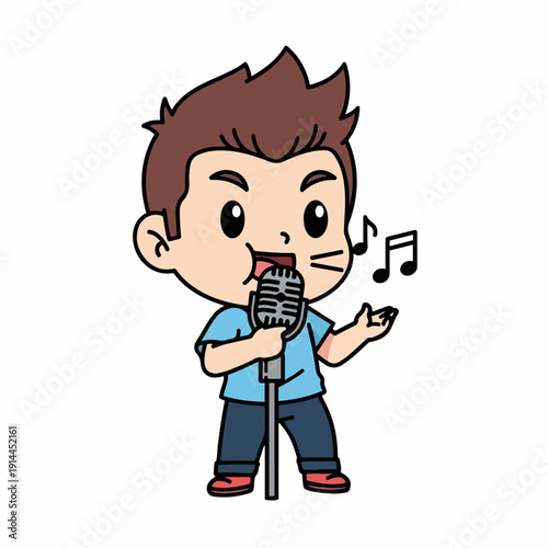 Energetic cartoon boy passionately sings into a vintage microphone while musical notes float around his head during a performance.