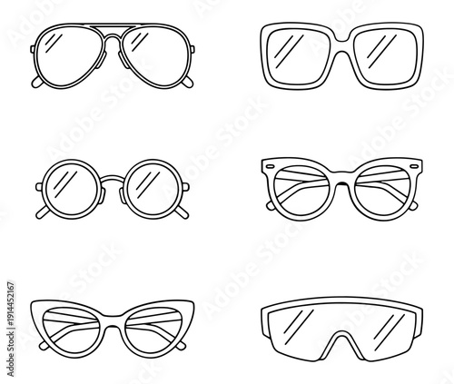 Collection Of Stylish Sunglasses And Eyewear Frames In Minimal Line Art Style
