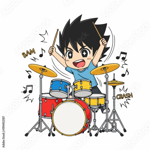 Energetic cartoon boy passionately plays a colorful drum set with drumsticks, surrounded by musical notes and sound effects.