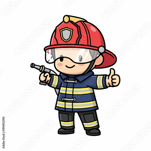 Brave chibi firefighter in full uniform holds a hose nozzle and gives a confident thumbs-up gesture of approval.