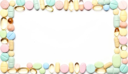 Colorful vitamin capsules and tablets forming border frame on white background, health supplement concept, minimal medical layout with empty copy space