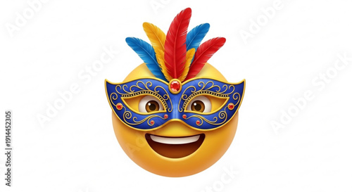 Vibrant masquerade emoji with colorful feathers and elegant mask