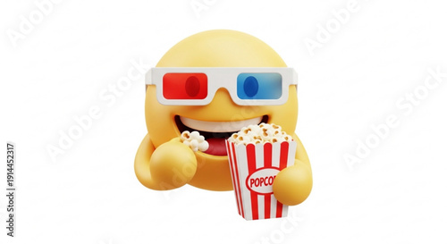 Happy emoji watching movie with popcorn and 3D glasses