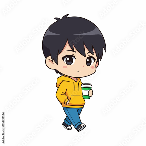 Casual young man with black hair wearing a bright yellow hoodie walks confidently holding a disposable beverage cup against white.
