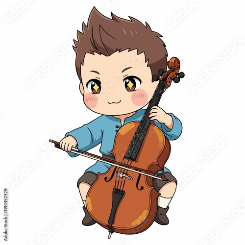 Chibi boy character skillfully plays the cello with focused concentration while wearing a traditional blue tunic on a white background.