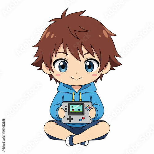 Chibi boy character wearing a blue hoodie happily plays a handheld video game console while sitting cross-legged on a white background.