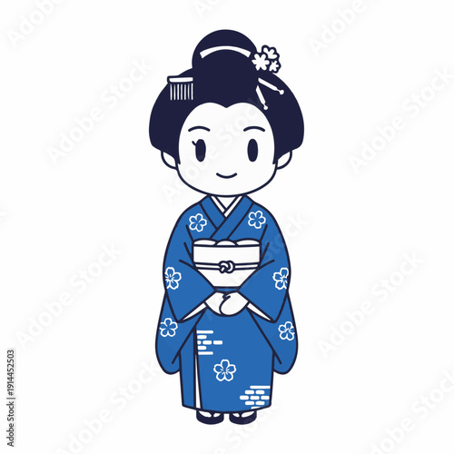Chibi style Japanese woman wearing a traditional blue kimono with white floral patterns stands politely with hands clasped.