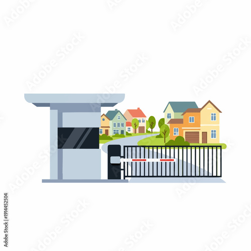 Security gate and guardhouse controls access to a neighborhood of colorful suburban residential houses.