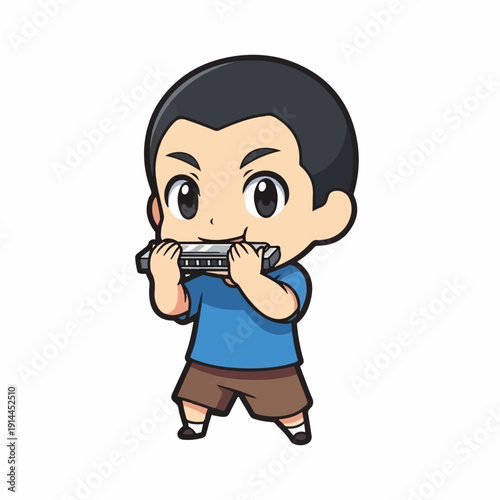 Small boy in a blue shirt happily playing a silver harmonica with both hands in a modern, cheerful cartoon drawing.