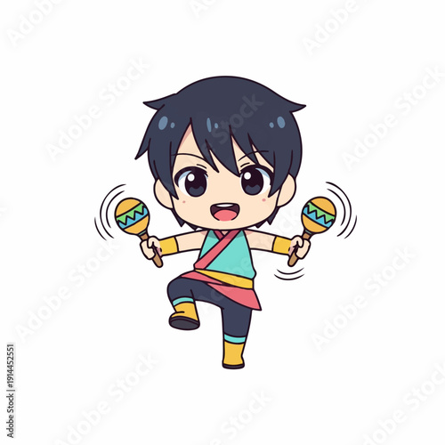 Cheerful cartoon boy character happily plays traditional music shaking two colorful maracas while balancing on one foot.