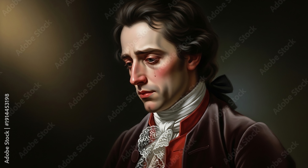 Obraz premium Dramatic Close-up Portrait of a Crying Man in Historical 18th Century Attire, Embodying Deep Sadness, Sorrow, and Emotional Pain with a Tearful Expression