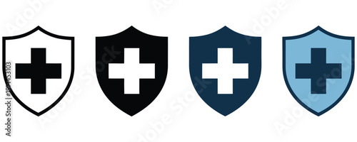 Medical health insurance shield icon set with cross symbol, vector illustration representing healthcare protection, safety, security, clinic, hospital, and emergency services, perfect for web design